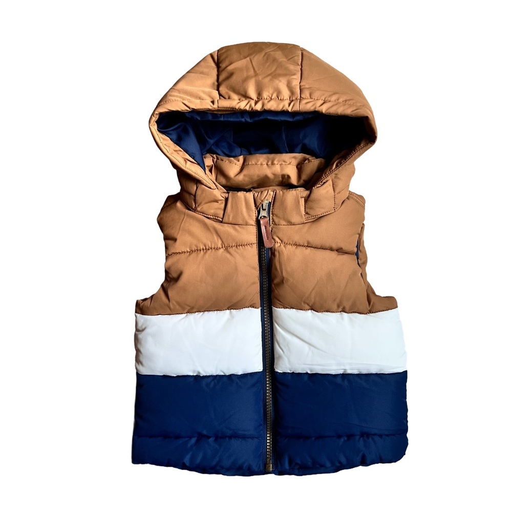 H&M Kids Hooded Colorblock Puffer Vest in Brown, White & Navy